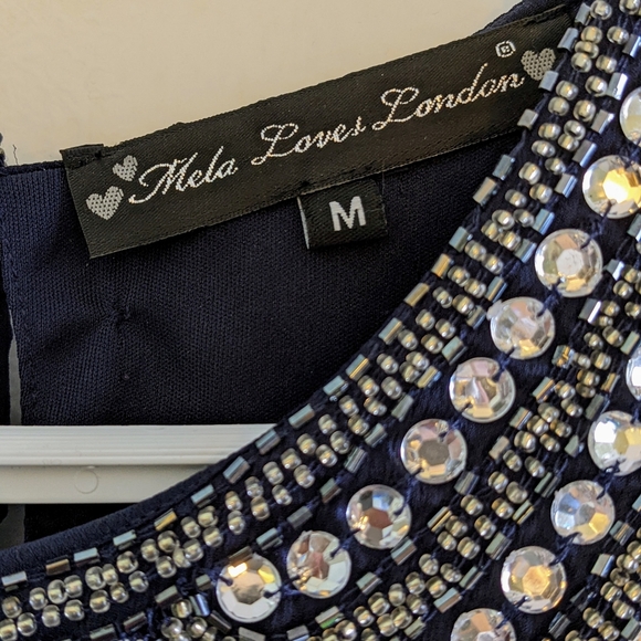 Navy party dress/ tunic with sparkly embellished collar. - Picture 3 of 8